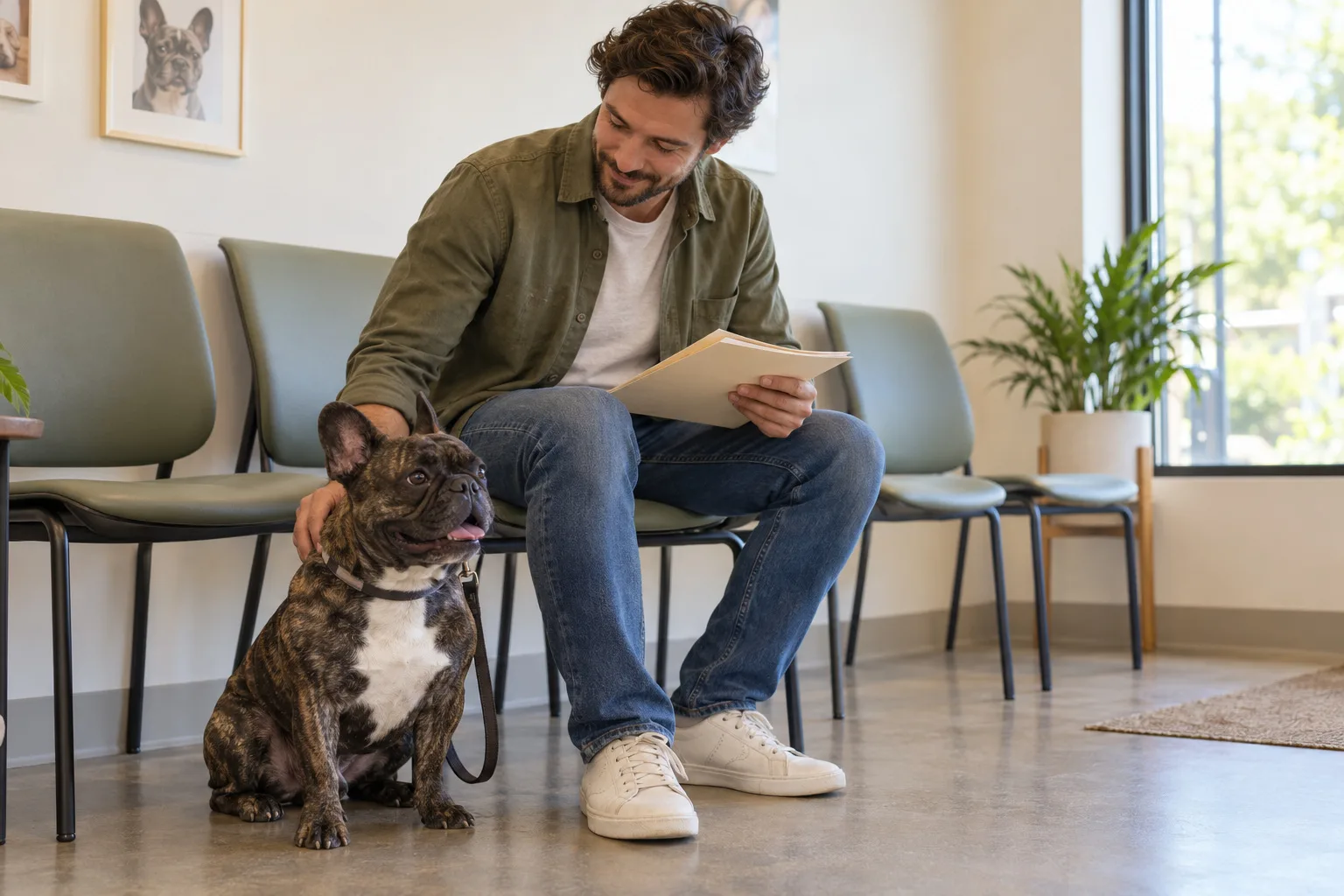 Brindle French Bulldog beside an owner holding a folder in an illustrative clinic waiting room
